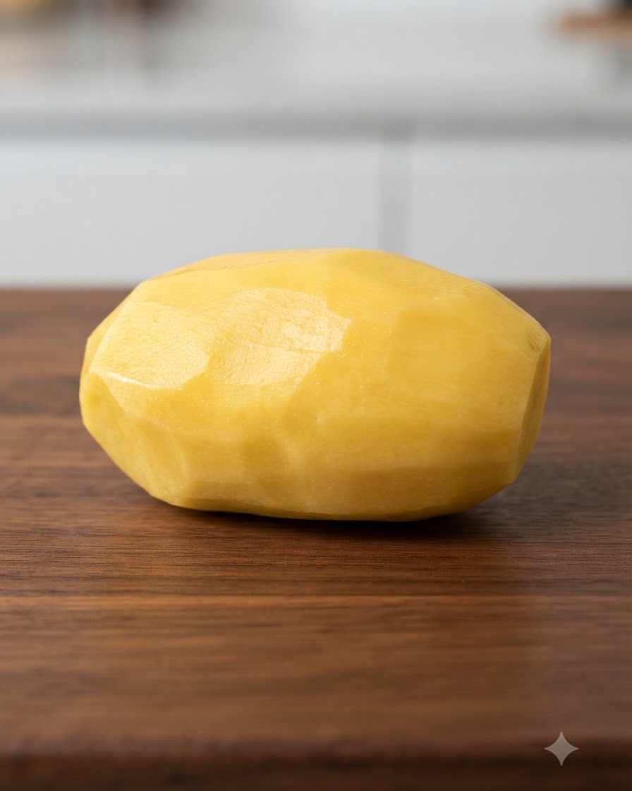 Une pomme de terre jaune pelée en train dêtre coupée en petits cubes sur une planchette en bois avec un couteau.