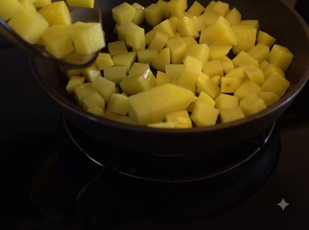Des dés de pommes de terre cuisant dans une poêle et remués avec une spatule.
