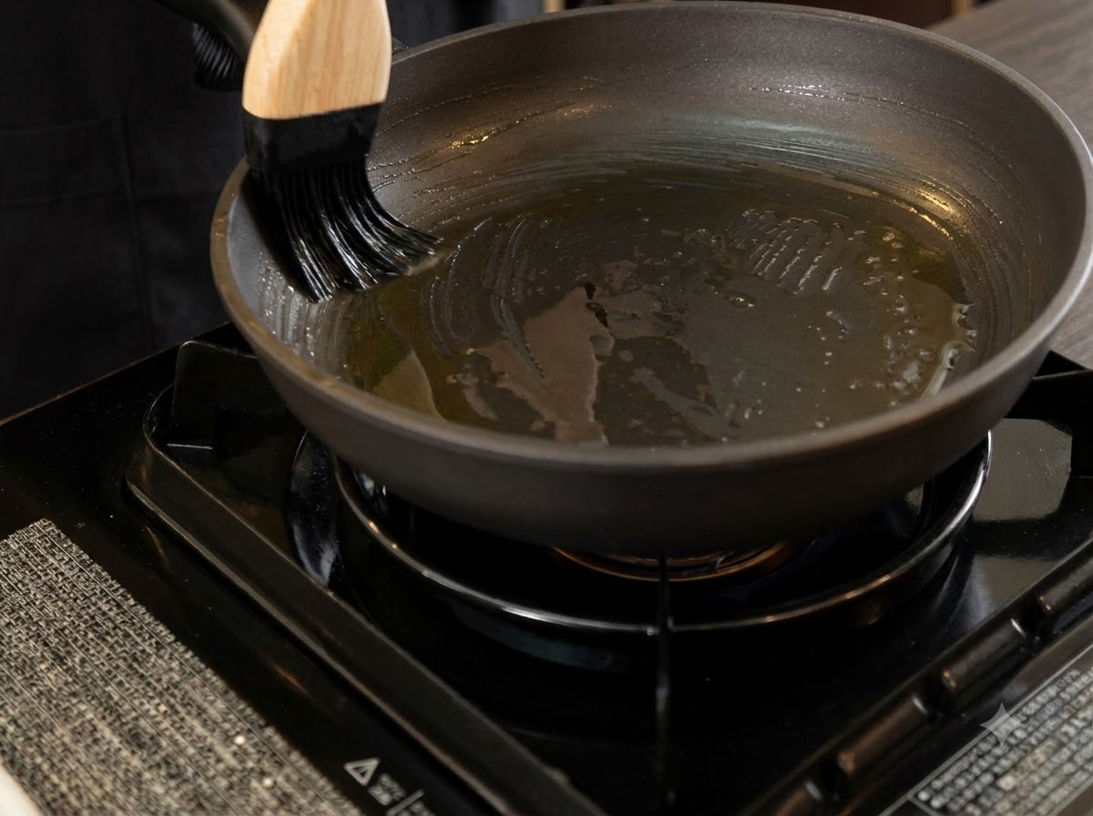 Un pinceau de cuisine étalant de lhuile à lintérieur dune poêle sur une cuisinière.