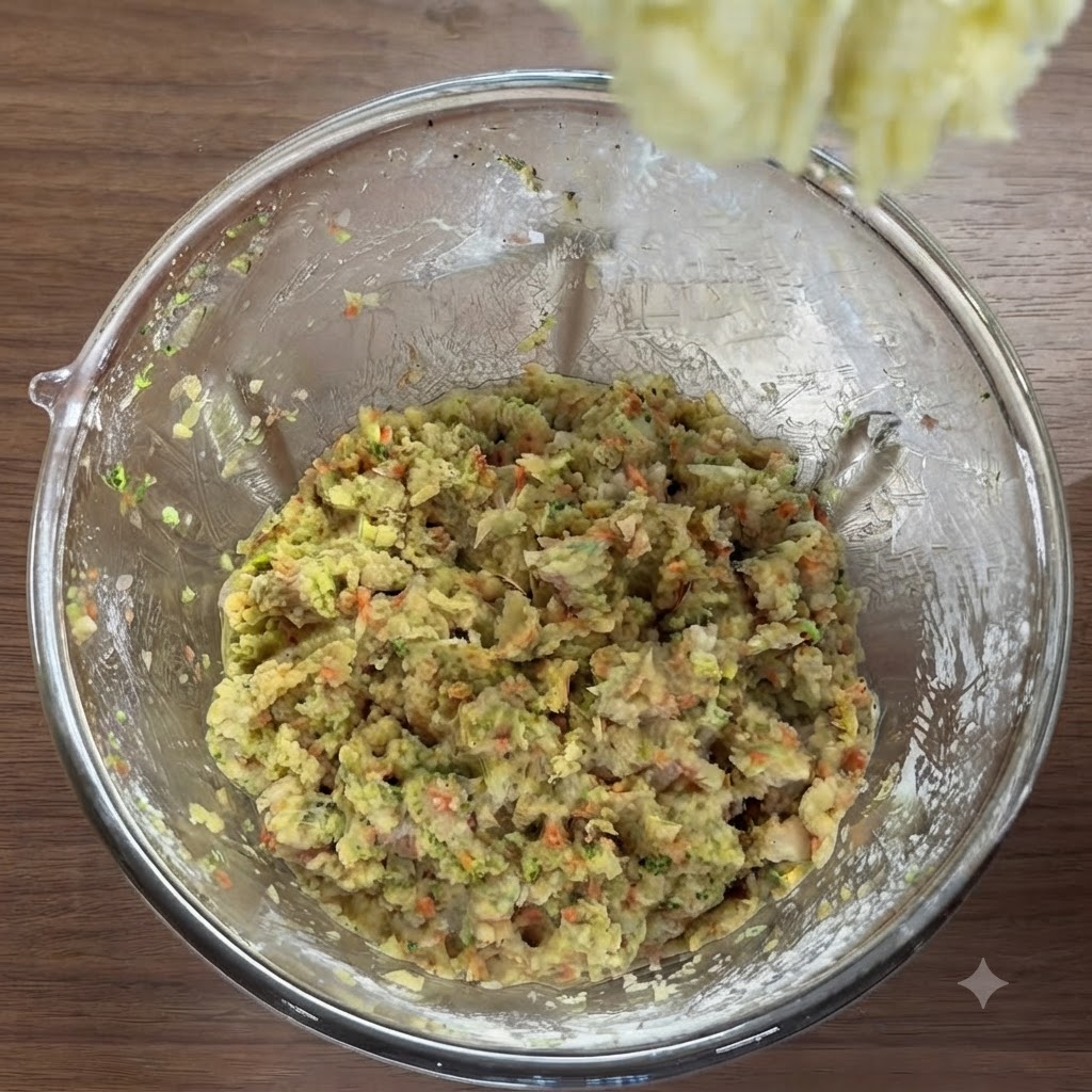 Purée de pommes de terre ajoutée à un bol dingrédients de poulet et de légumes mélangés, remuée à la fourchette.