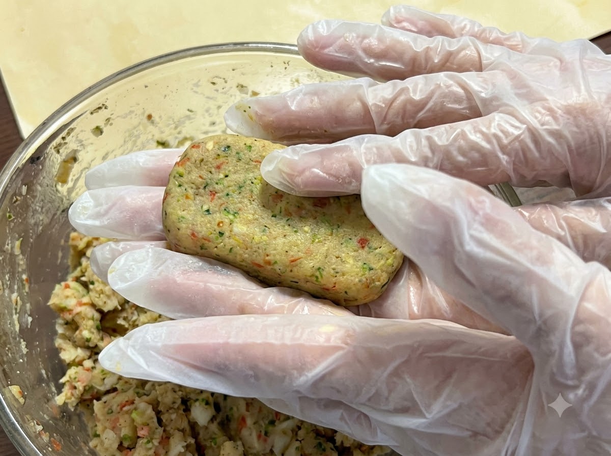 Mains gantées façonnant une galette rectangulaire à partir du mélange de poulet et de pommes de terre.