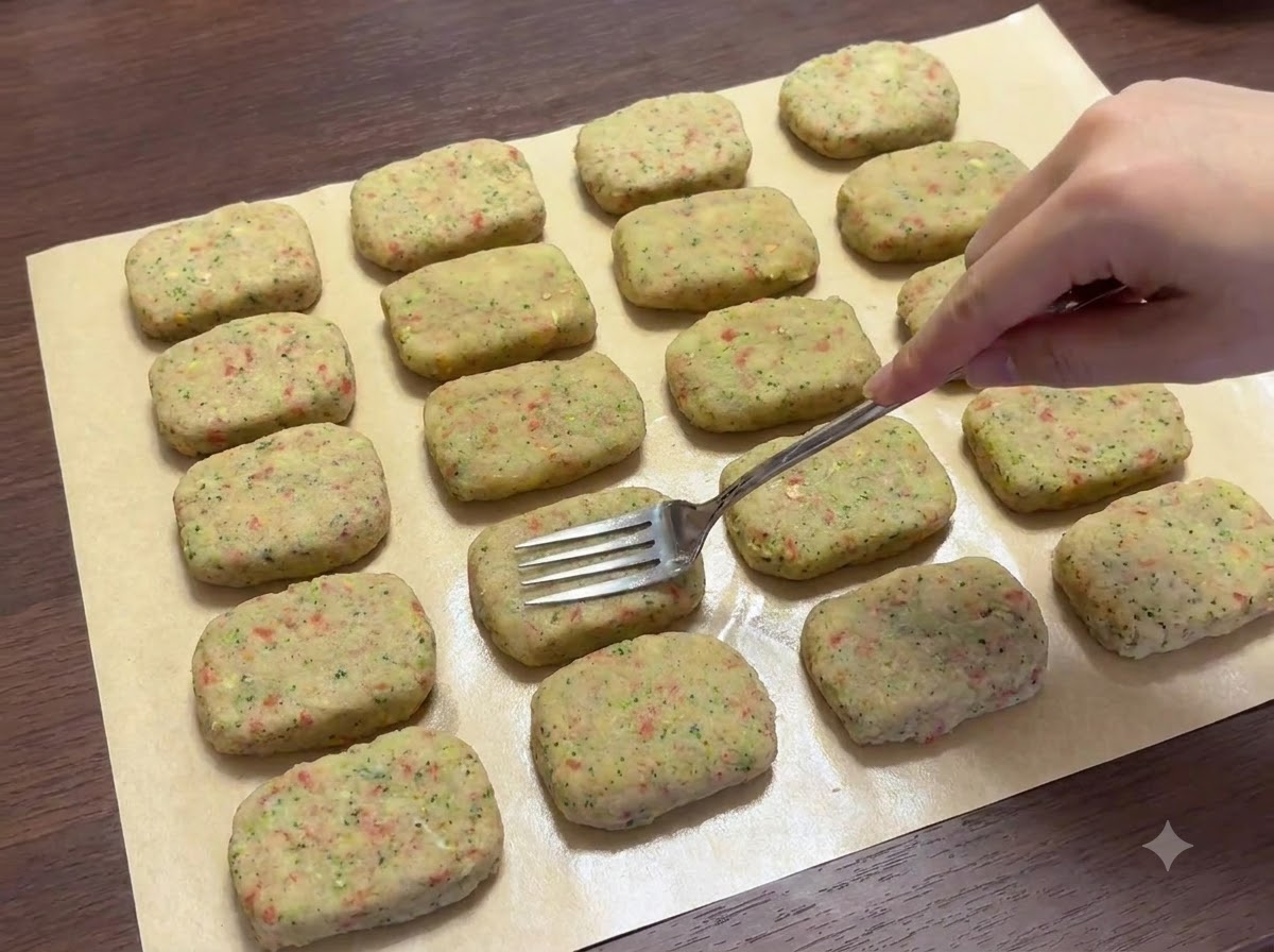 Une fourchette pressant des lignes de motifs sur plusieurs galettes façonnées disposées sur du papier sulfurisé.