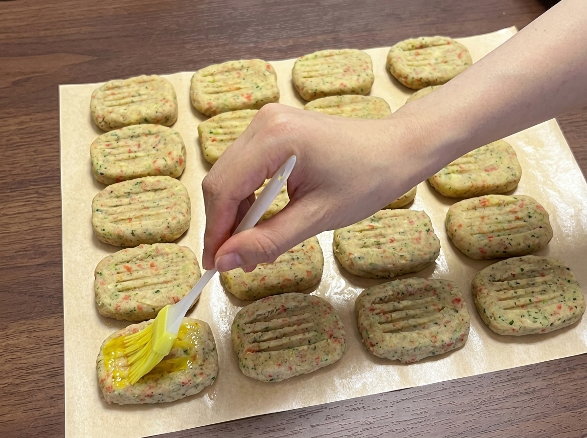 Un petit pinceau appliquant du jaune dœuf sur des galettes de pommes de terre façonnées, garnies de graines de sésame.