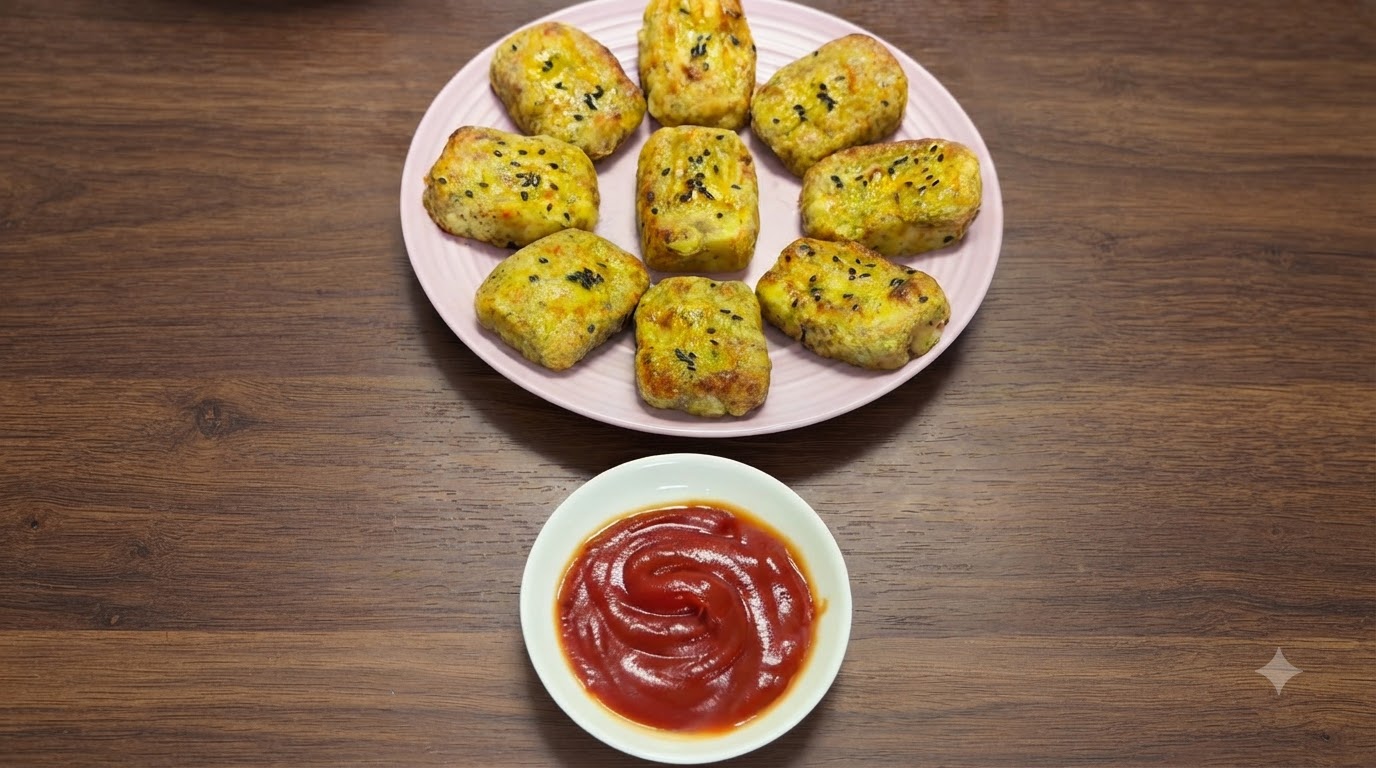 Une assiette de galettes de poulet et pommes de terre sans huile dorées à point, servies avec une portion de ketchup.