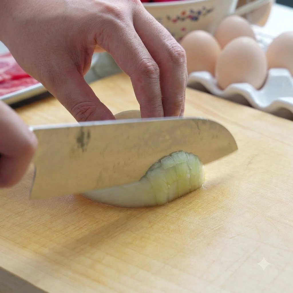 Un oignon en cours de découpe en petits cubes sur une planche à découper en bois à laide dun couteau de chef.
