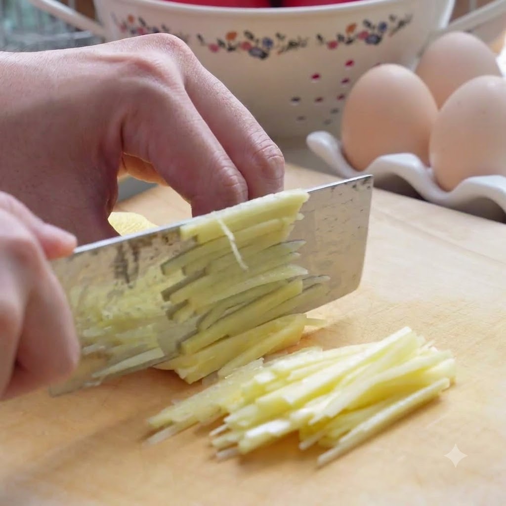 Des pommes de terre et des carottes coupées en fines lanières à laide dun couteau sur une planche en bois.