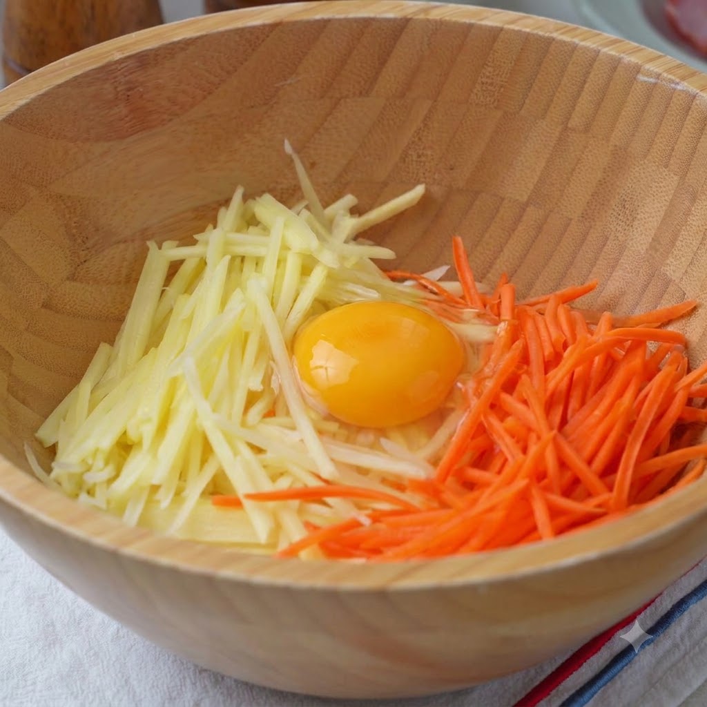 Un bol en bois rempli de pommes de terre râpées, de carottes, dun œuf, de farine, de sel et de poivre prêts à être mélangés.