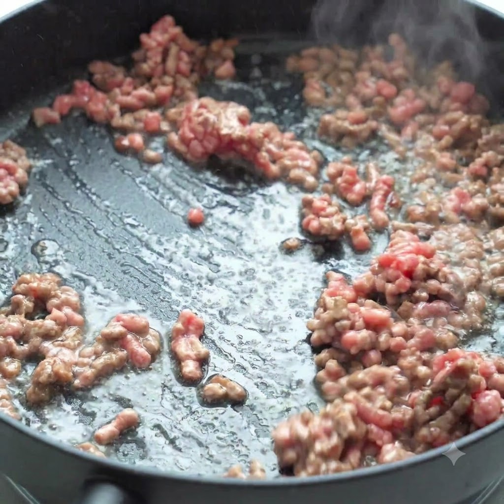 Du bœuf haché en train de sauter dans une poêle avec des oignons et des tomates fraîchement ajoutés.