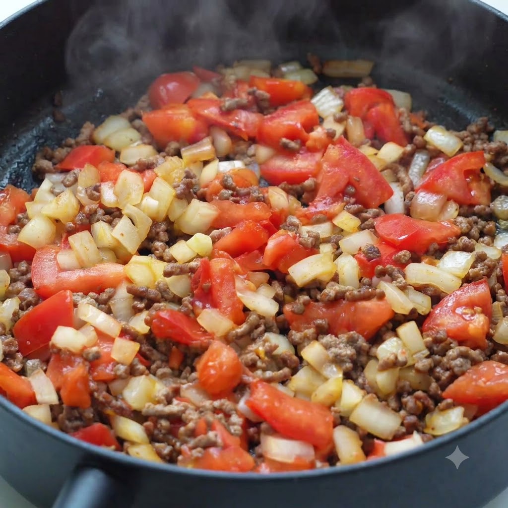 Mélange de viande et de légumes assaisonné dépices et de ketchup dans une poêle.