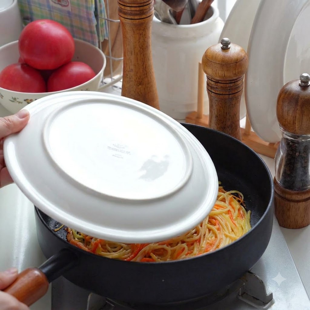 Une assiette blanche utilisée pour retourner une galette de pommes de terre à lintérieur dune poêle noire.