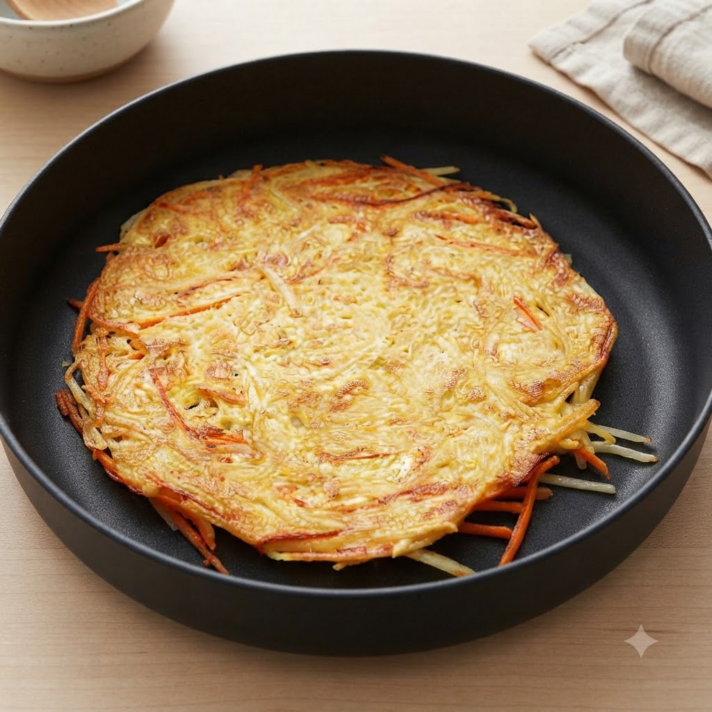 Une galette de pommes de terre cuite reposant dans une poêle noire.