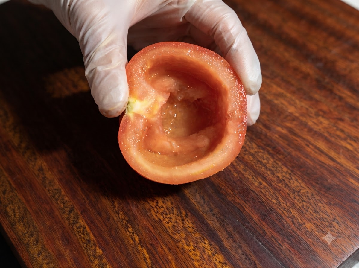 Une tomate évidée préparée sur une planche à découper en bois à côté dautres légumes.