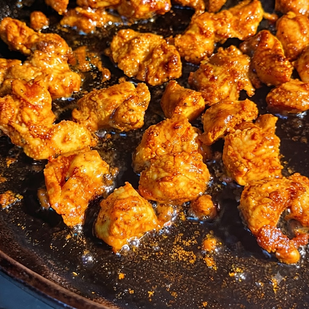 Morceaux de poulet grésillant et brunissant dans une poêle de cuisson sombre.