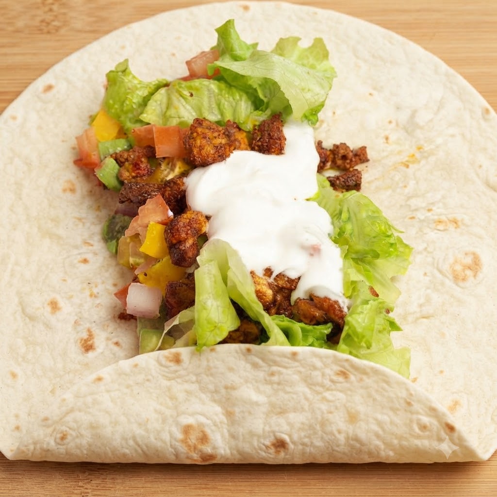 Le bord inférieur de la tortilla replié vers le haut sur les ingrédients de la garniture en couches.