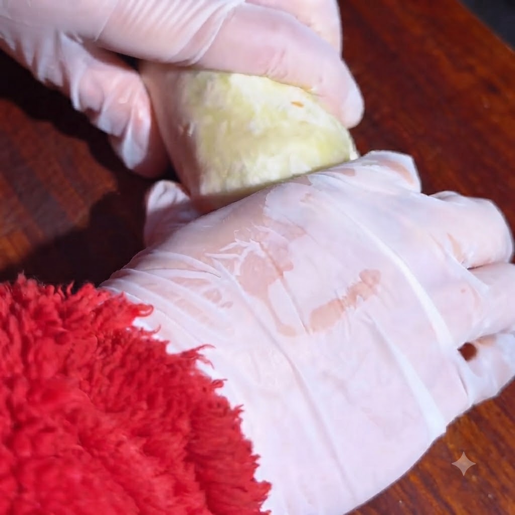 Mains portant des gants de protection façonnant et tenant doucement un wrap roulé.