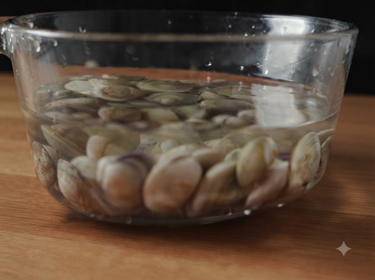 Palourdes fraîches trempant dans un bol en verre transparent rempli deau sur une surface en bois.