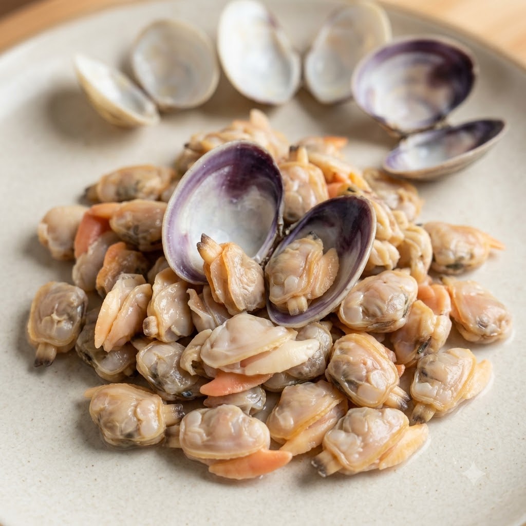 Chair de palourdes cuite empilée sur une assiette en céramique avec des coquilles vides disposées sur le dessus.
