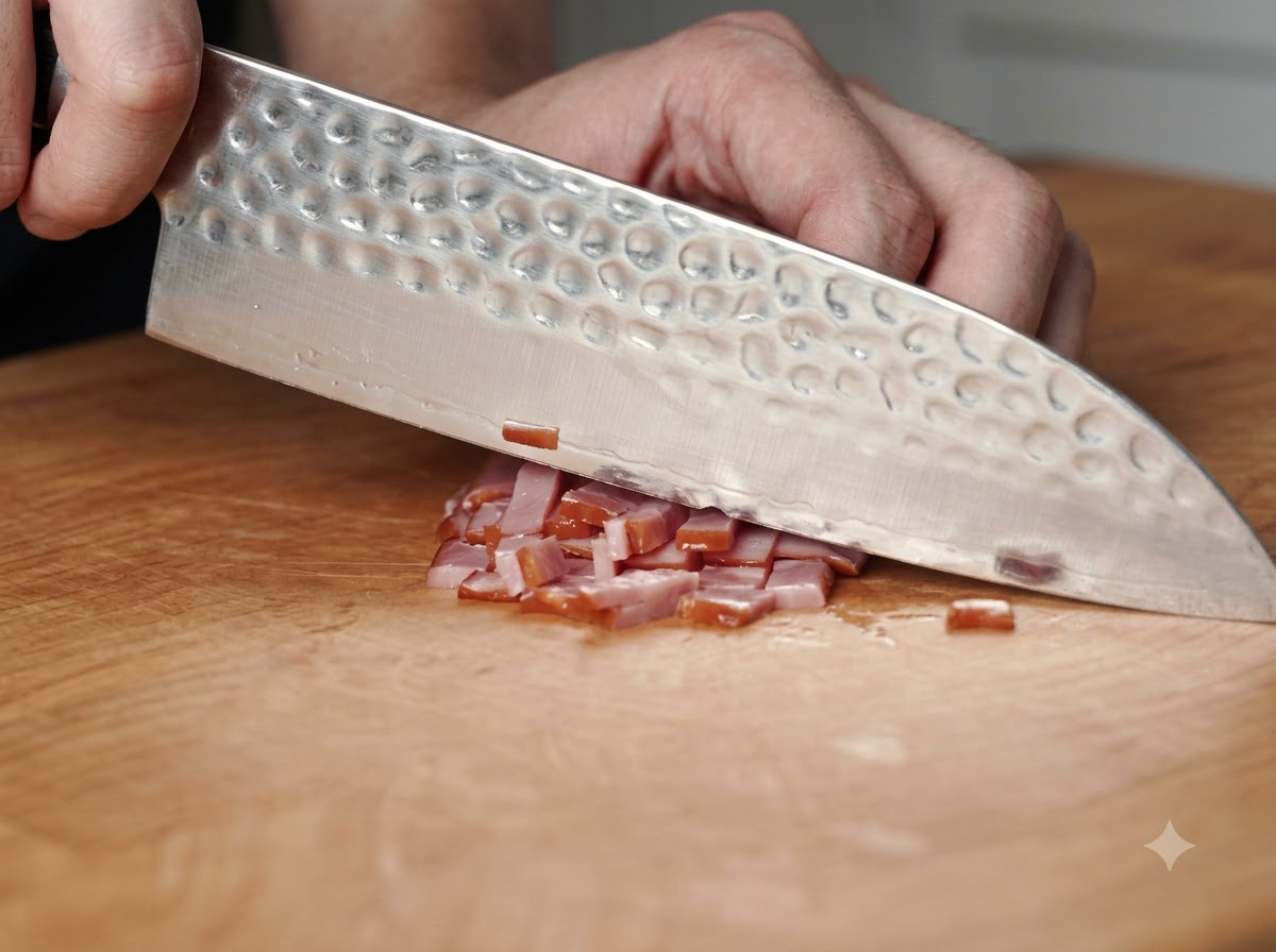 Un couteau tranchant des morceaux de bacon sur une planche à découper en bois.