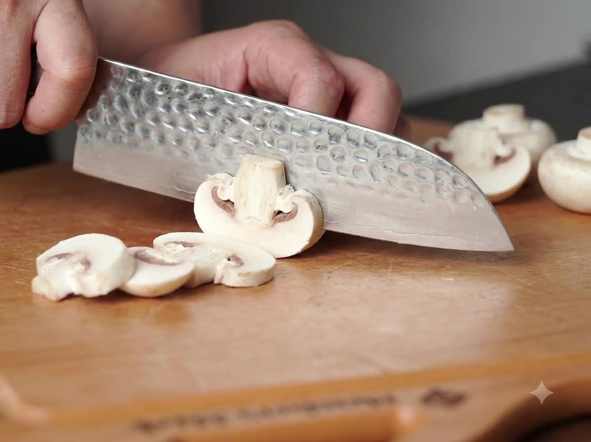 Un couteau de chef coupant des champignons de Paris blancs sur une planche à découper en bois.