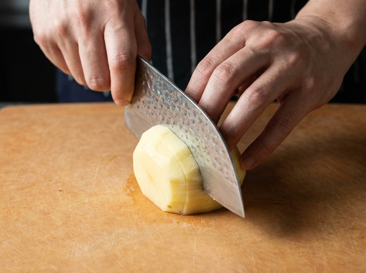 La main dun cuisinier tenant un couteau pour couper une pomme de terre pelée en petits cubes sur une planche en bois.