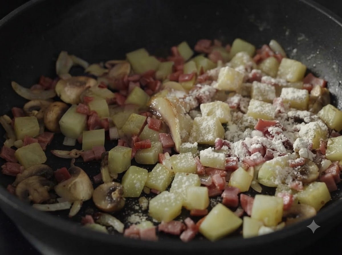Champignons tranchés, pommes de terre en dés et farine se mélangent au bacon et aux oignons dans une poêle.