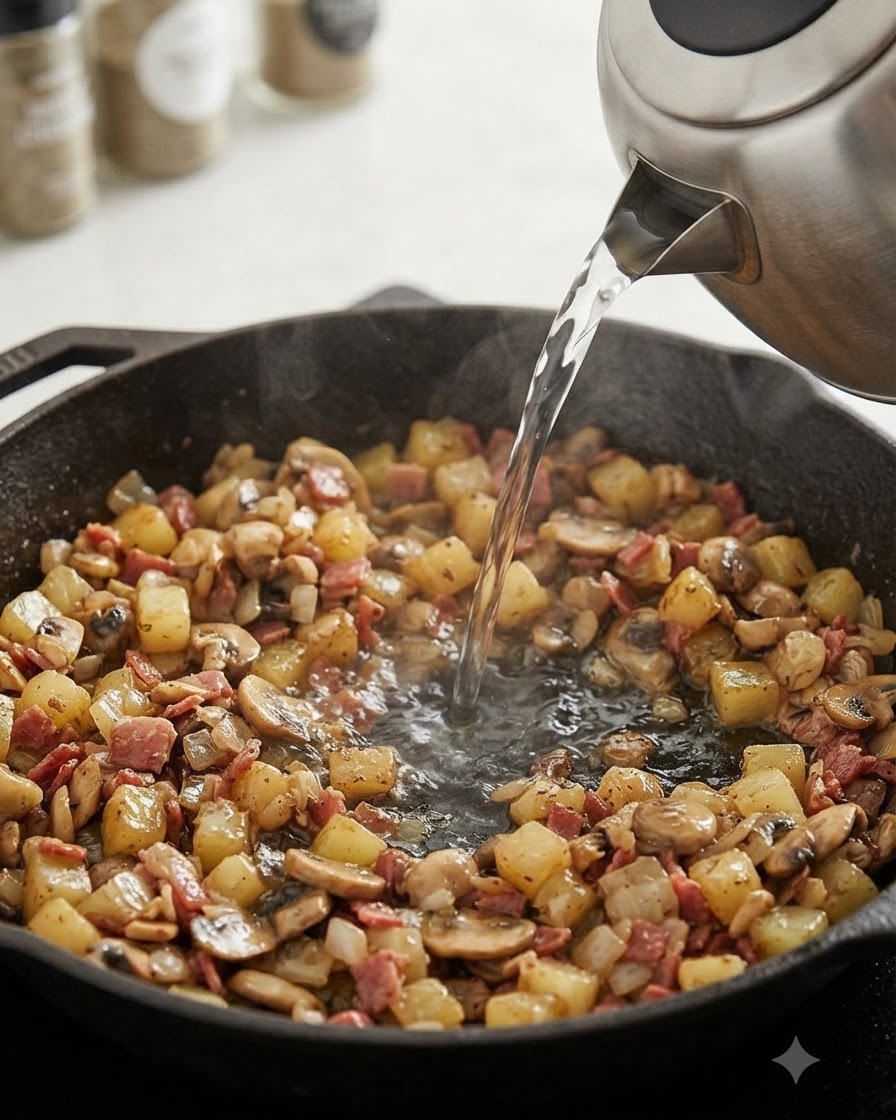 De leau chaude versée dune bouilloire en acier inoxydable dans une poêle remplie de légumes et de bacon.