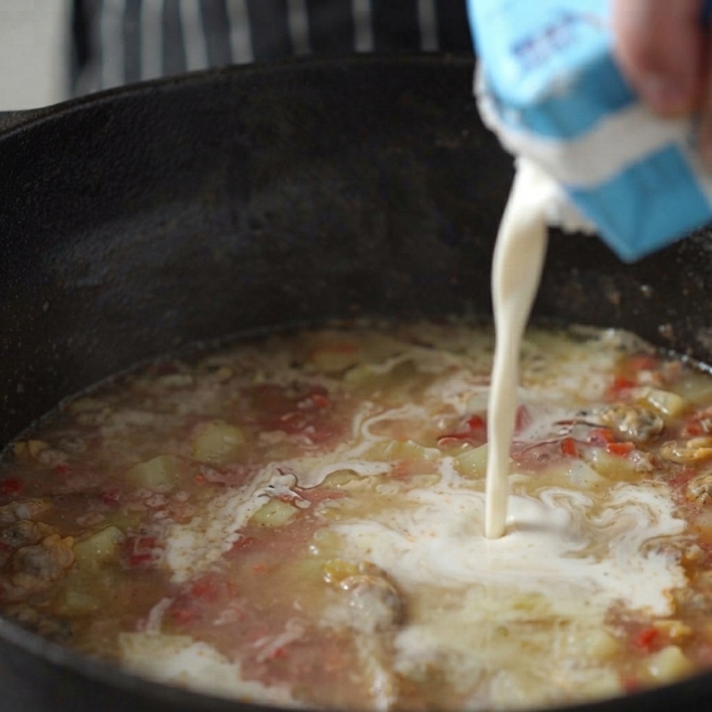 De la crème entière versée dune brique dans une casserole de soupe frémissante.