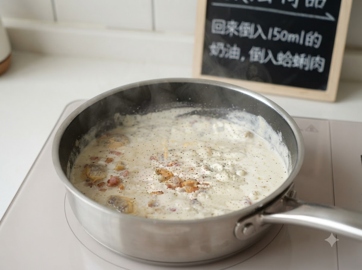 Une poêle contenant une soupe crémeuse assaisonnée de poivre noir, prête avec lajout de chair de palourdes.