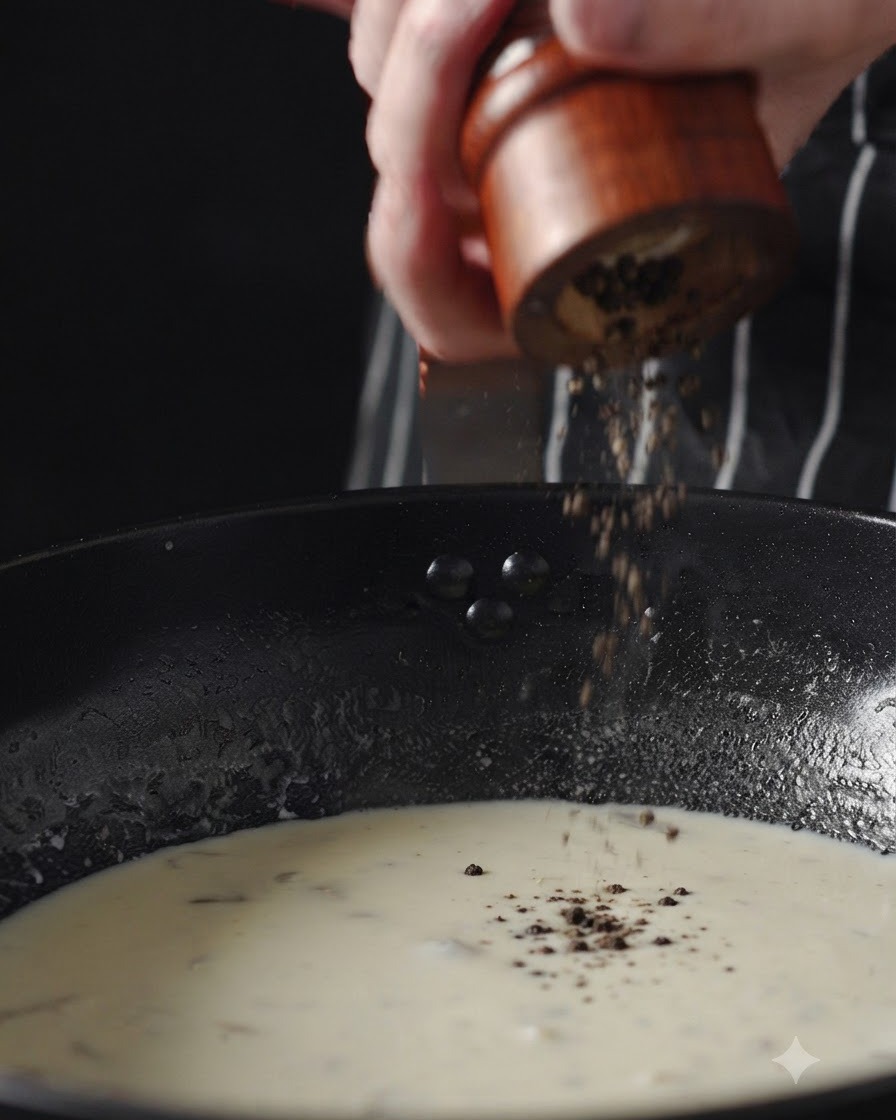 Du poivre noir fraîchement moulu tombant dun moulin en bois dans un chowder blanc et crémeux.