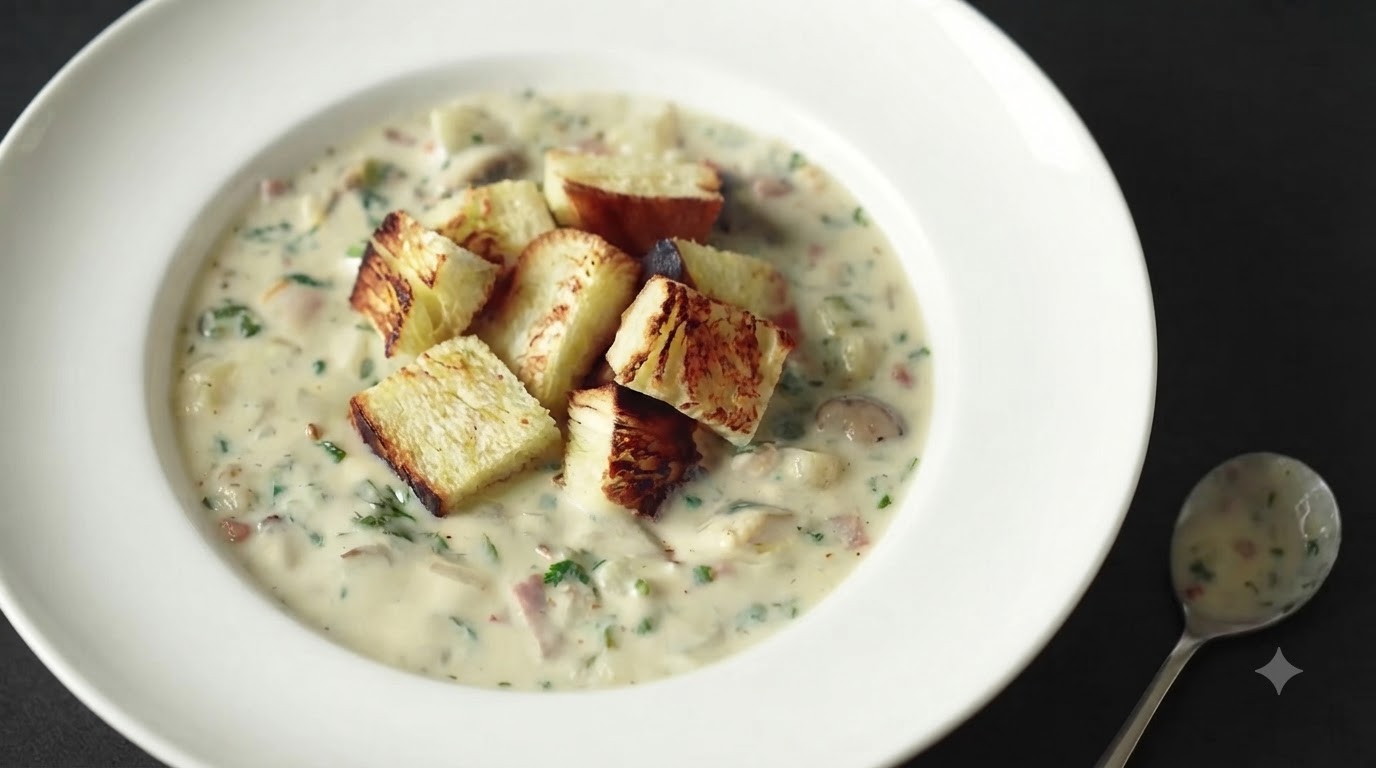 Un bol de chowder crémeux aux palourdes garni de croûtons de pain doré et dherbes fraîches