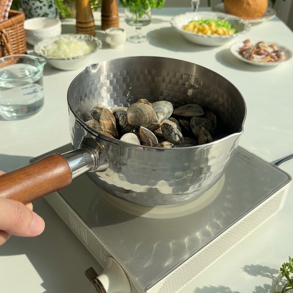 Palourdes fraîches dans une casserole en métal avec de leau froide prêtes à être cuites.