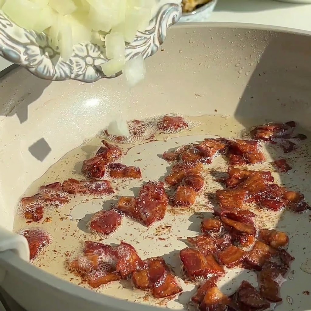 Oignons finement hachés versés dune assiette blanche dans la poêle contenant les morceaux de bacon.