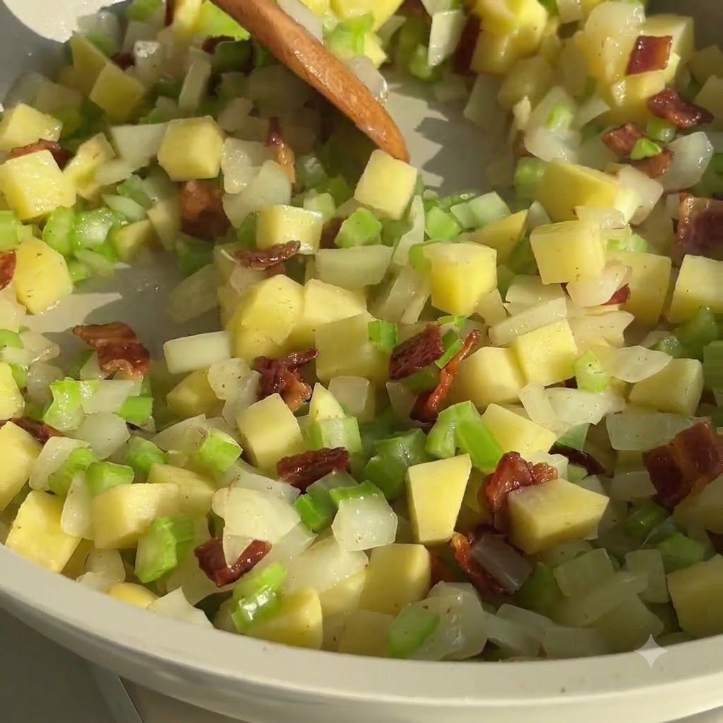 Une cuillère en bois mélangeant les pommes de terre, le céleri, les oignons et les morceaux de bacon dans une poêle.