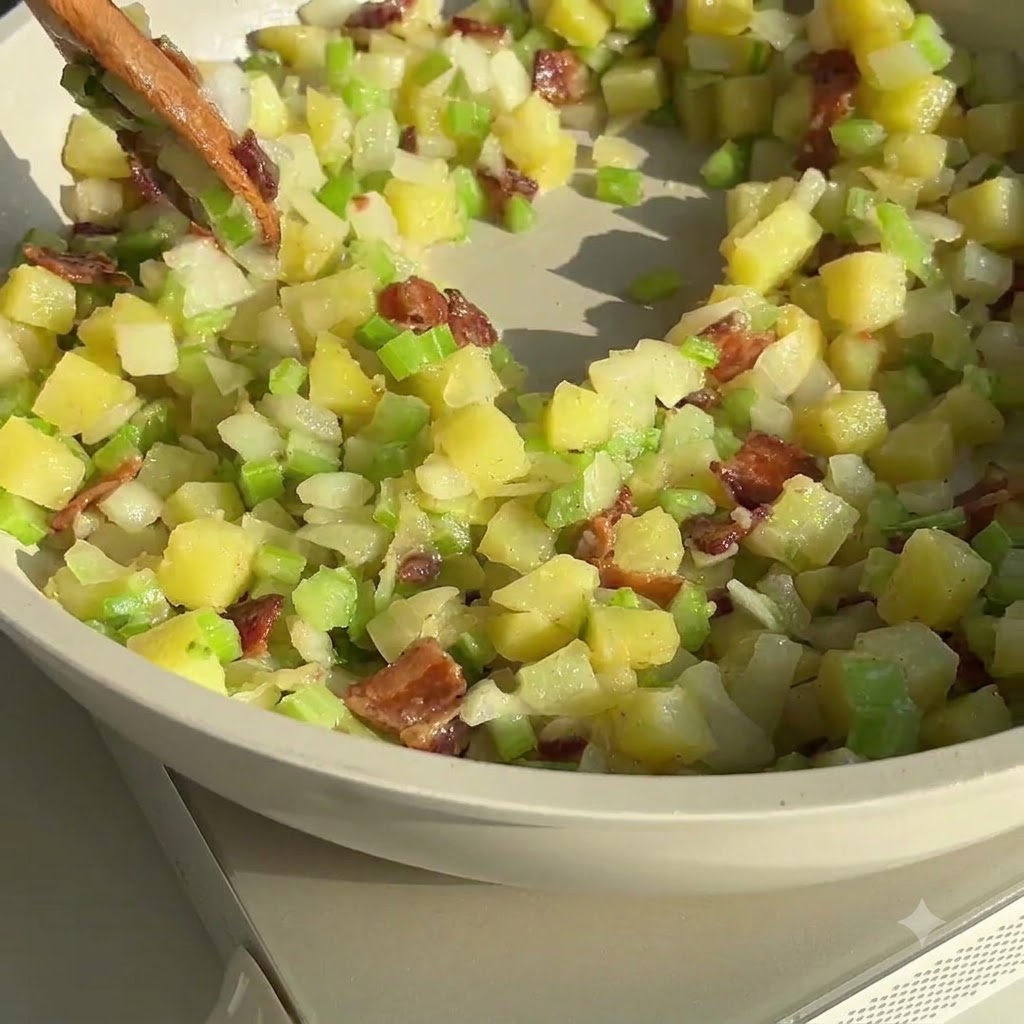 Une cuillère en bois remuant le mélange de légumes, de bacon et de farine dans une poêle claire.