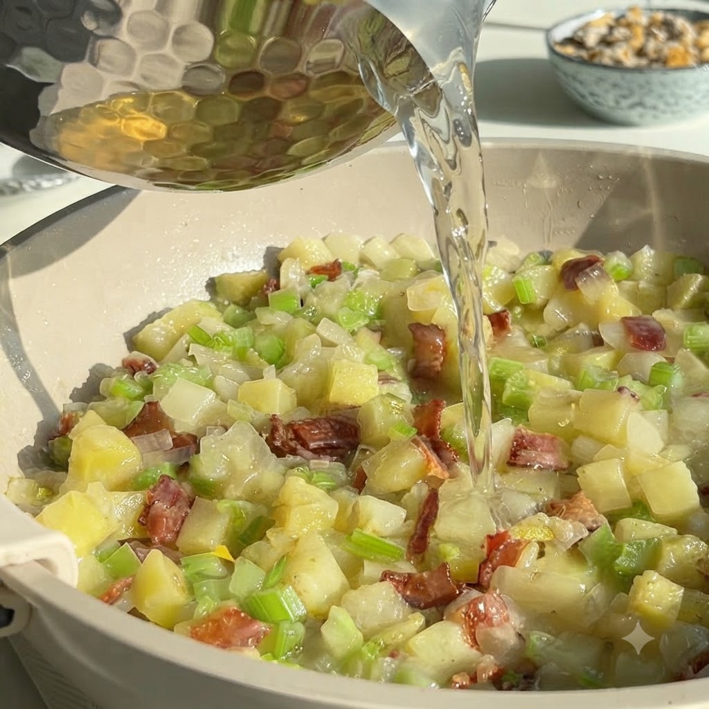 Bouillon de palourdes versé dune casserole en métal dans la poêle remplie de légumes sautés et de bacon.