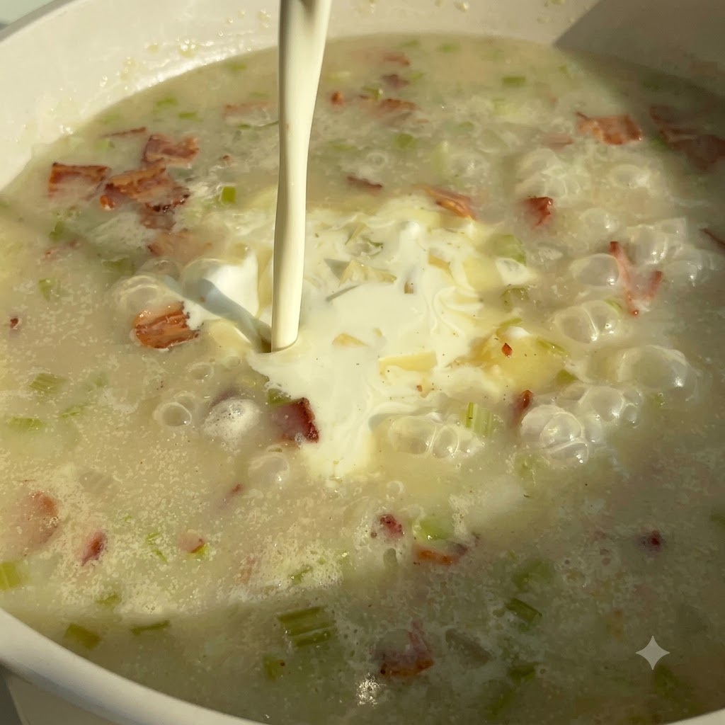 Crème fraîche versée dans une soupe chowder frémissante contenant du bacon et des légumes.