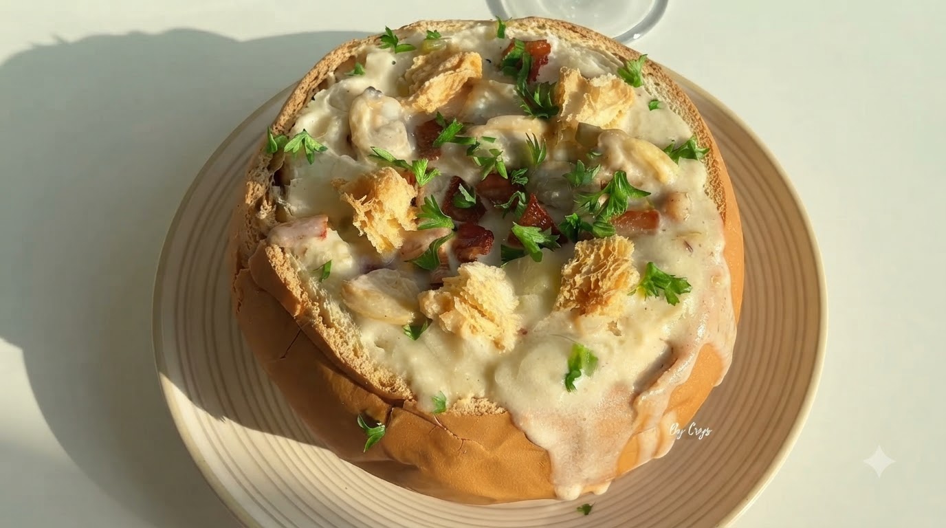 Chowder de palourdes classique américain dans son pain façon bol