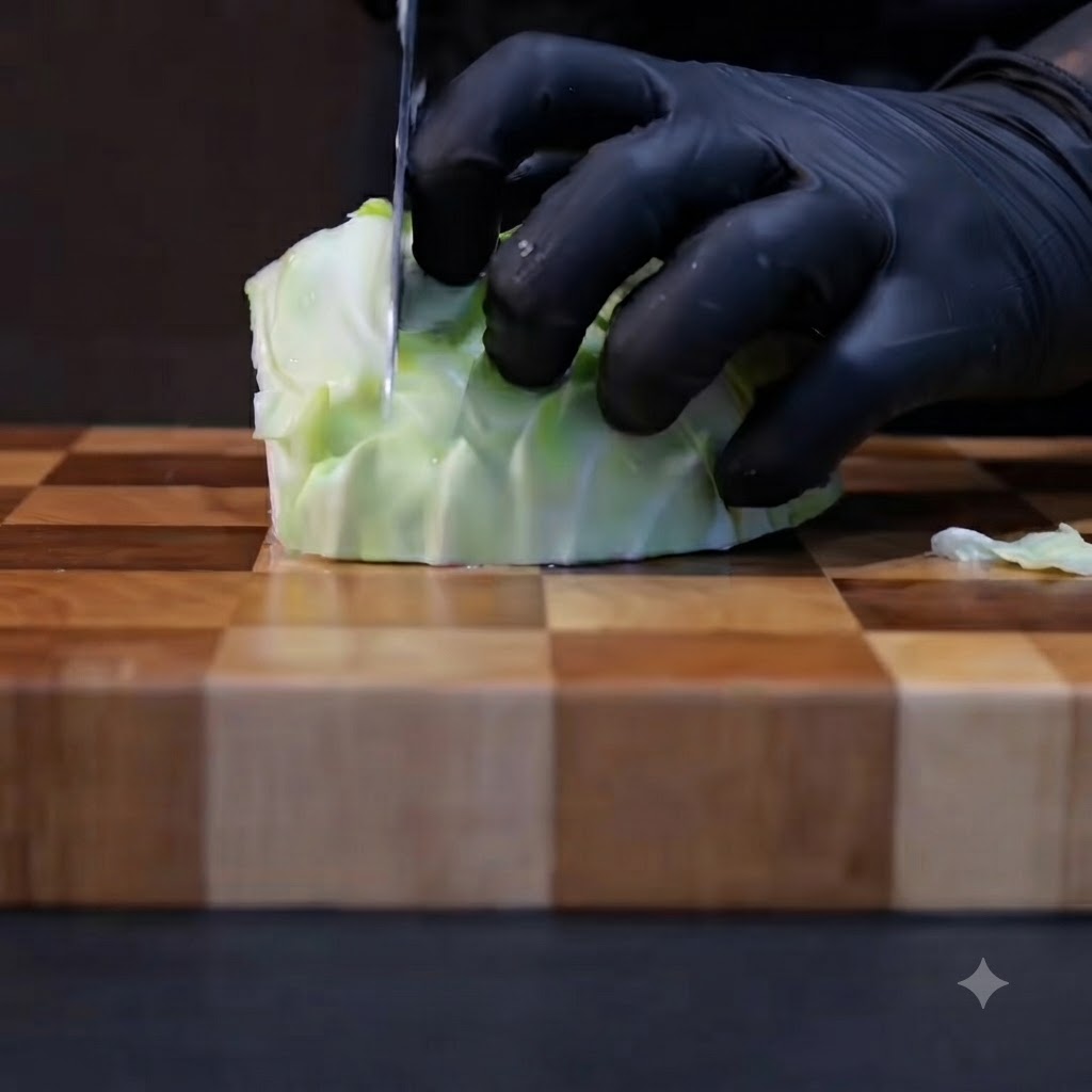 Mains gantées coupant du chou vert en morceaux sur une planchette en bois avec un couteau bien aiguisé.
