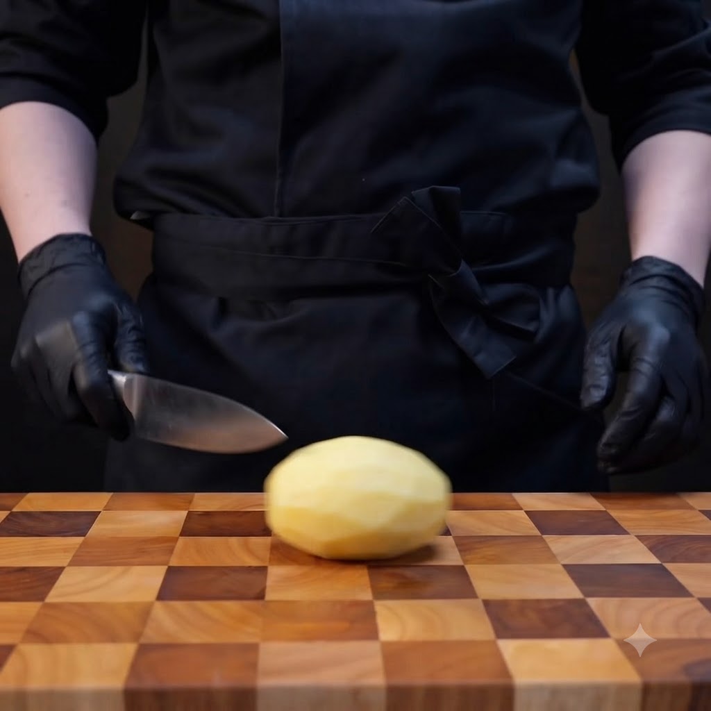 Une pomme de terre épluchée coupée en cubes uniformes sur une planche à découper en bois à laide dun couteau de chef.