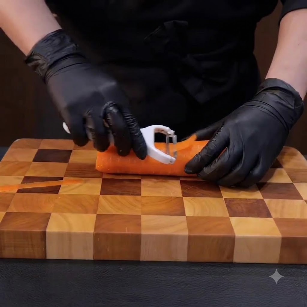 Une carotte fraîche épluchée proprement avec un économe blanc sur une planche à découper en bois.