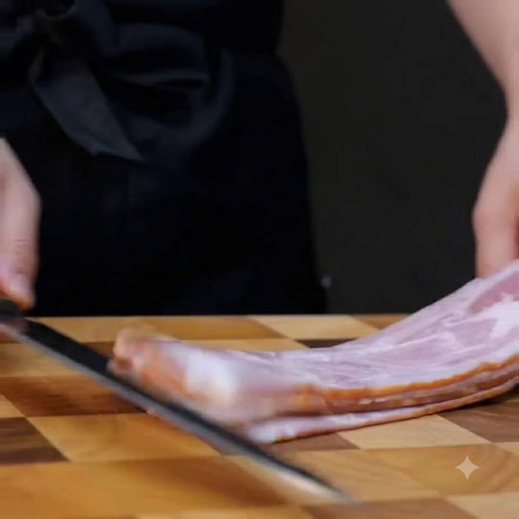 Des tranches de bacon empilées coupées en grands morceaux rectangulaires avec un couteau de chef sur une planche à découper en bois.