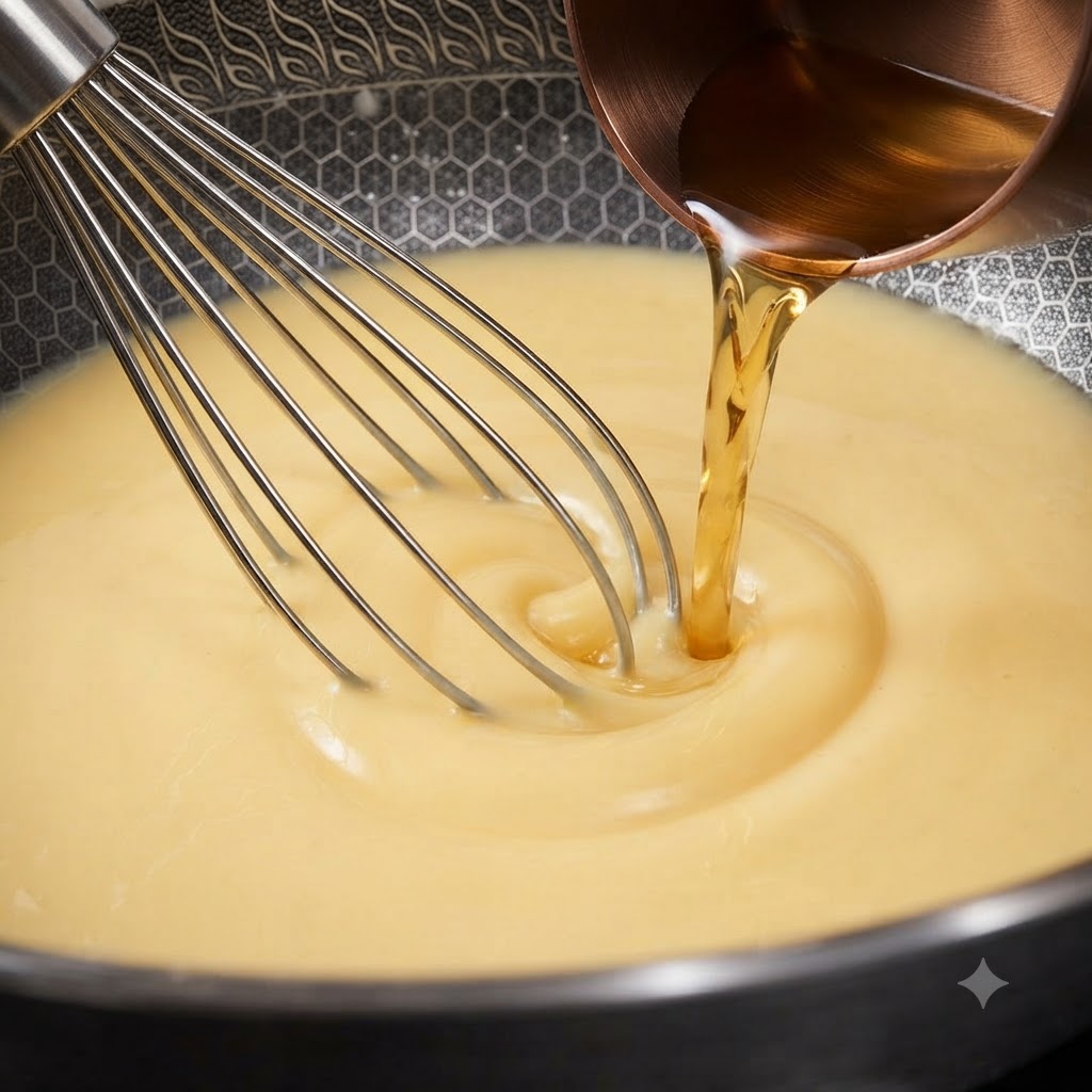 Du liquide versé dans une poêle avec du beurre et de la farine, fouetté continuellement.