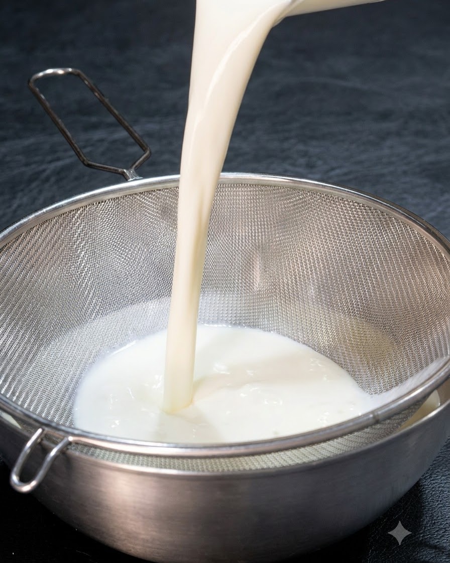 Un liquide blanc crémeux versé à travers une fine passoire en acier inoxydable.