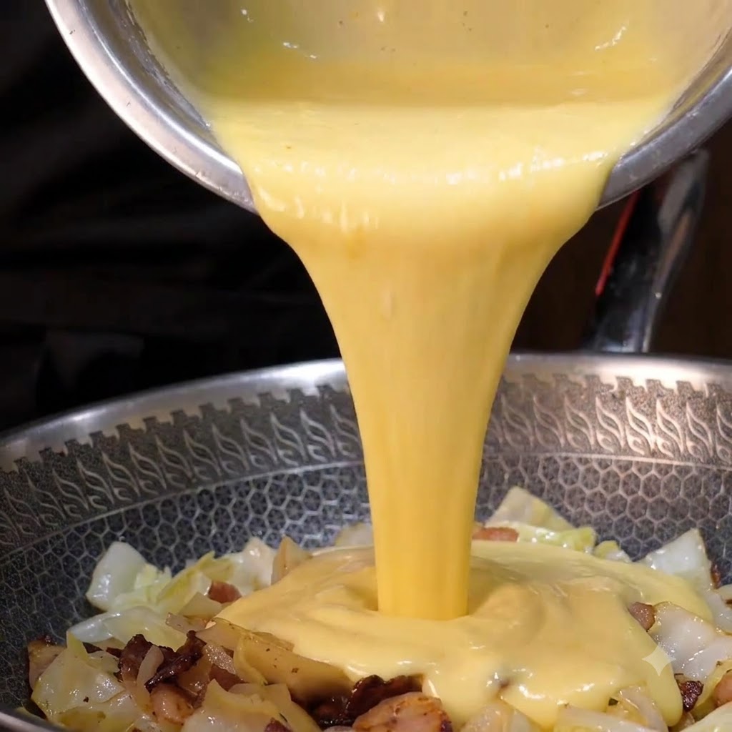 Une base de soupe crémeuse épaisse versée dans un wok sur du chou cuit, du bacon et des oignons.