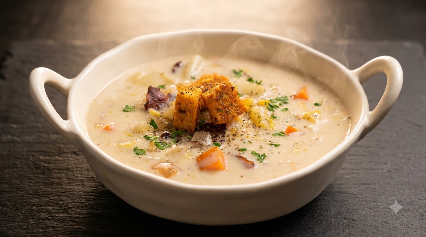 Chowder de Palourdes Crémeux au Bacon et aux Crevettes