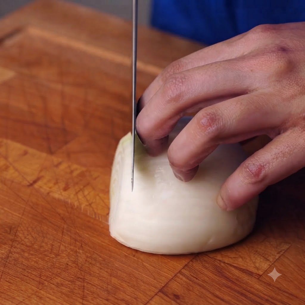 Un oignon en cours de découpe en morceaux avec un couteau sur une planche à découper en bois.