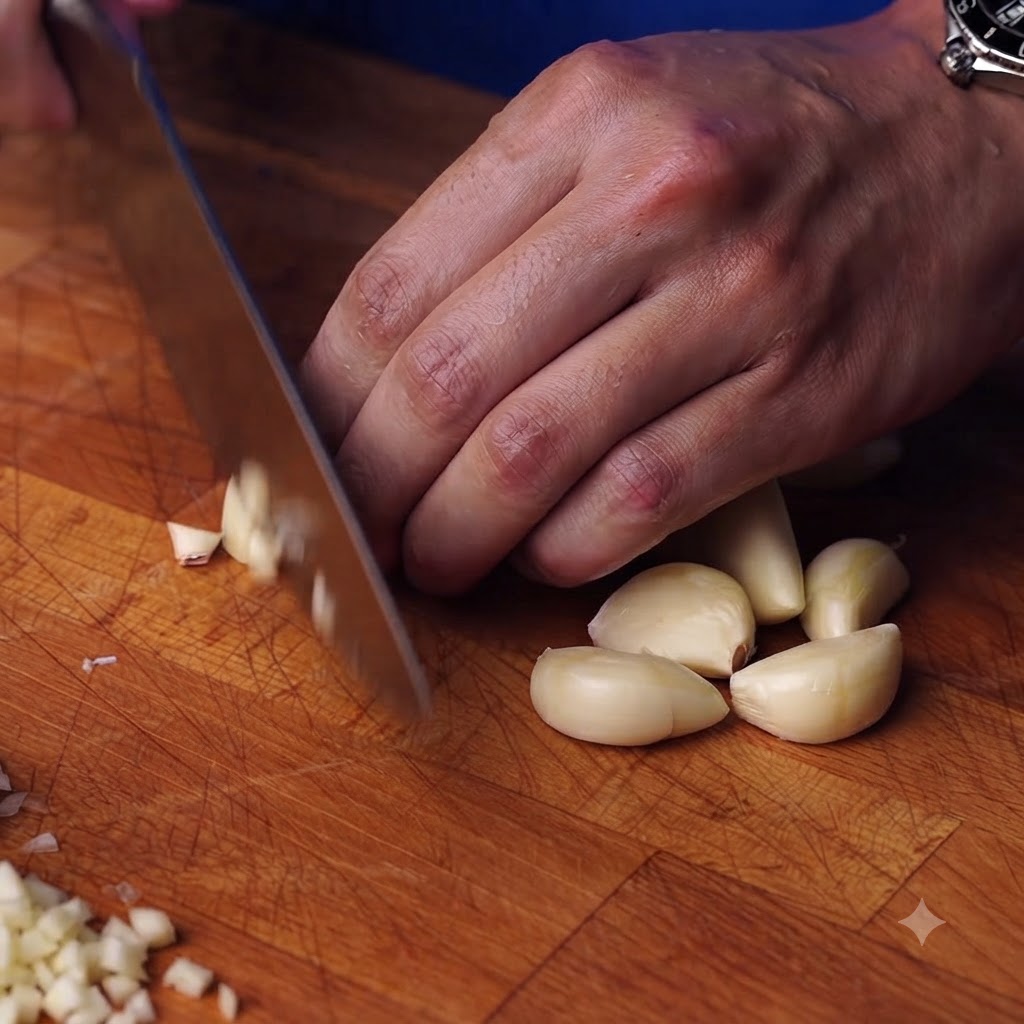 Des gousses dail et des tomates en train dêtre hachées sur une planche à découper en bois.