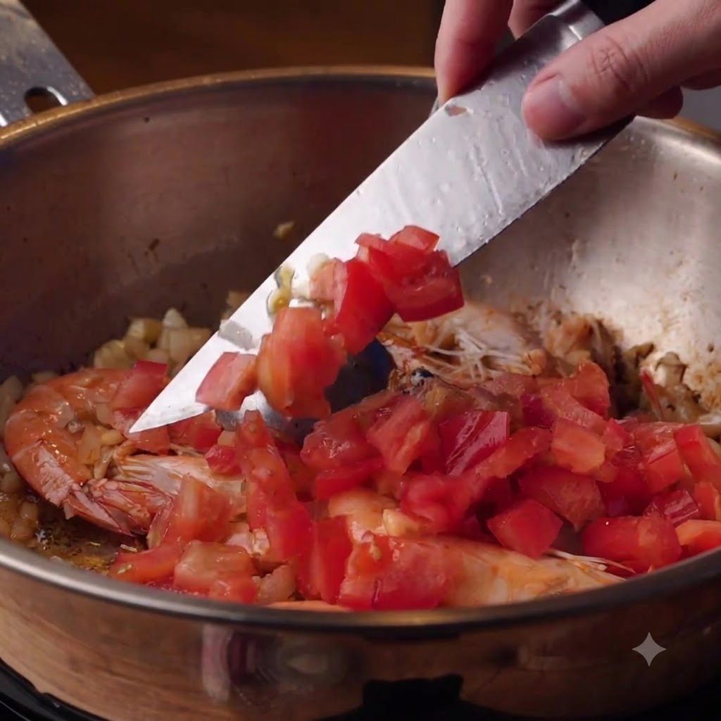 Des tomates hachées ajoutées dans une casserole avec des crevettes, des oignons et de lail.