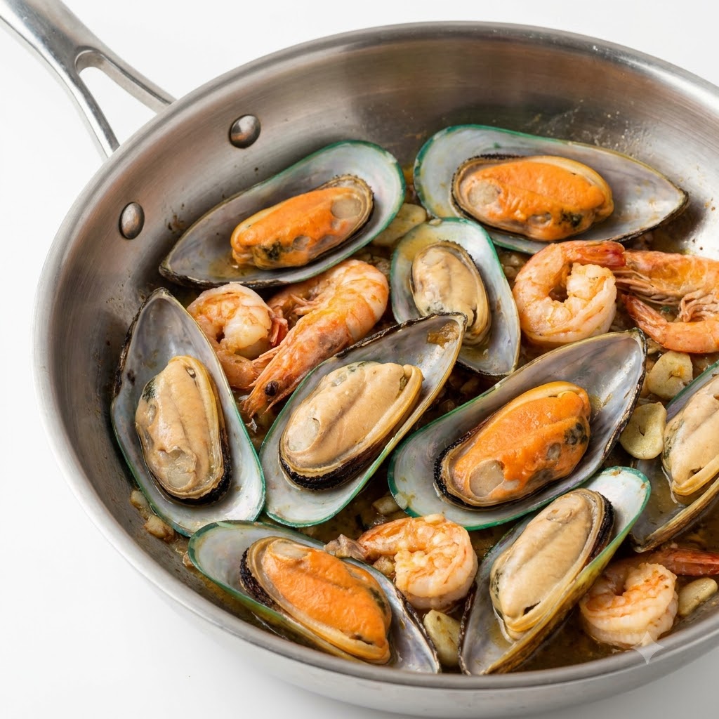 Des moules vertes congelées disposées dans une poêle en acier inoxydable avec des crevettes et de lail.