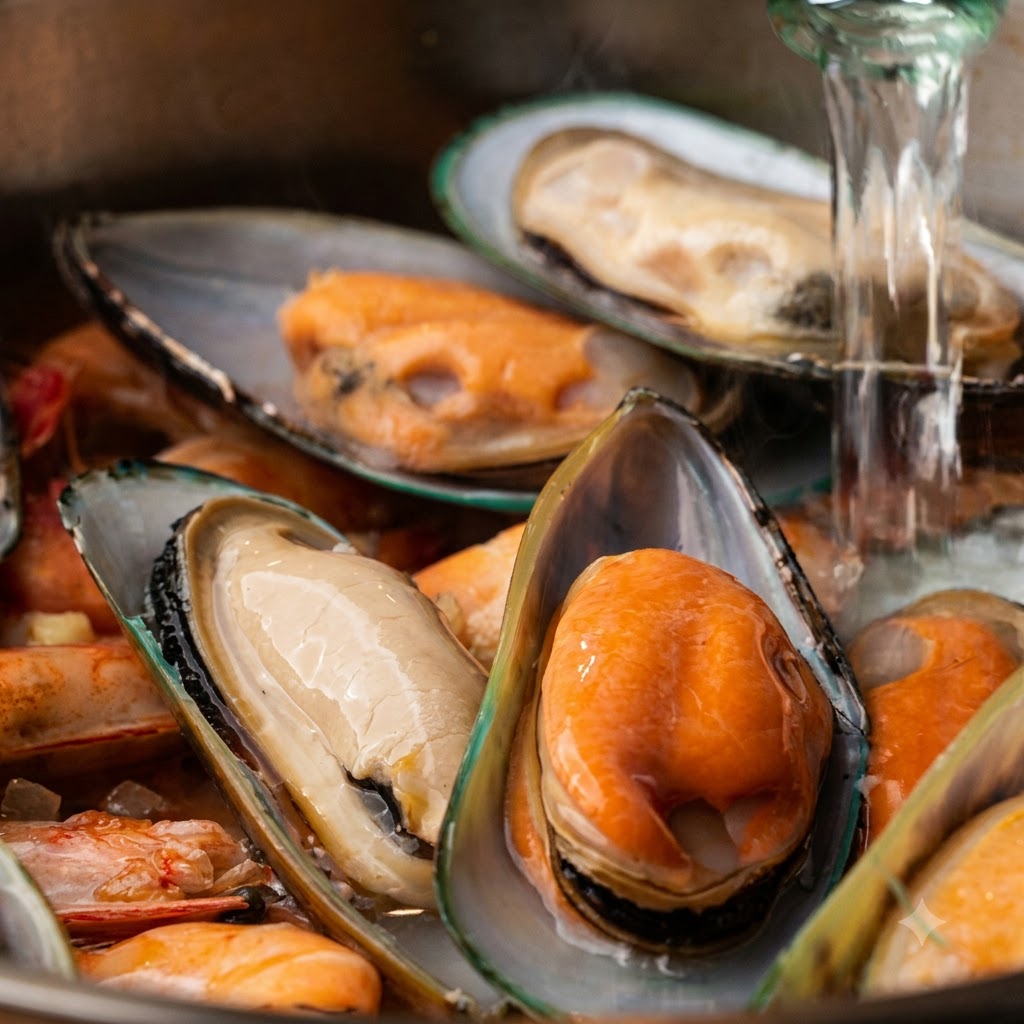 Du vin blanc sec versé dune bouteille dans une casserole contenant des moules et des crevettes.
